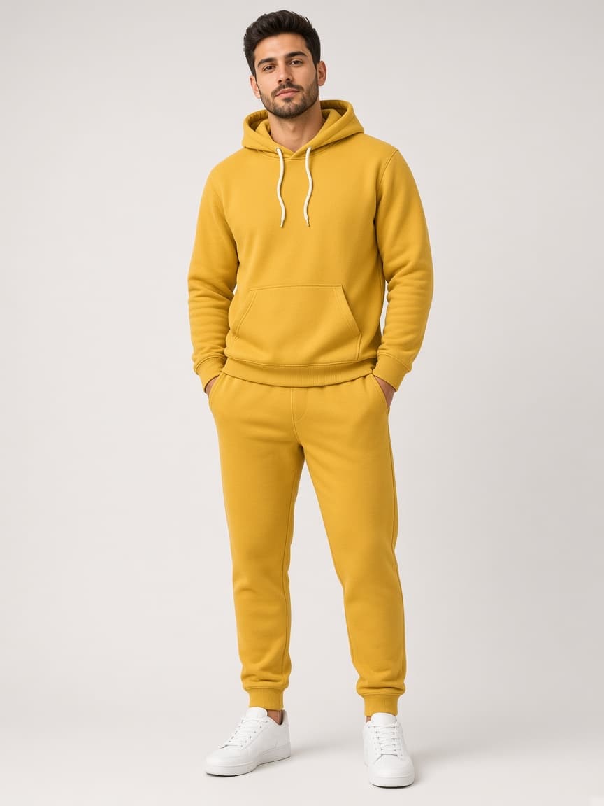 Model wearing the yellow fleece hoodie and jogger set in a studio